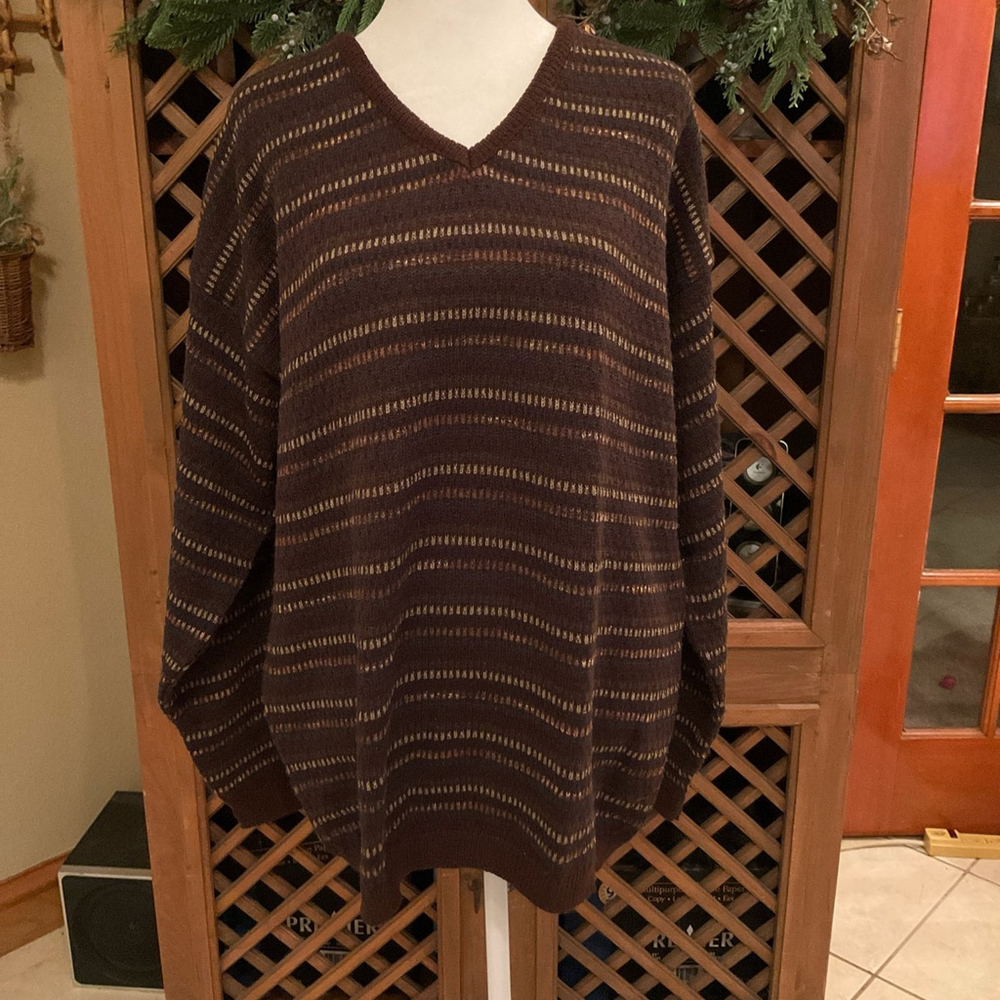 Vintage Brandini Italy Wool Blend Men’s Large Brown striped V neck sweater Grano